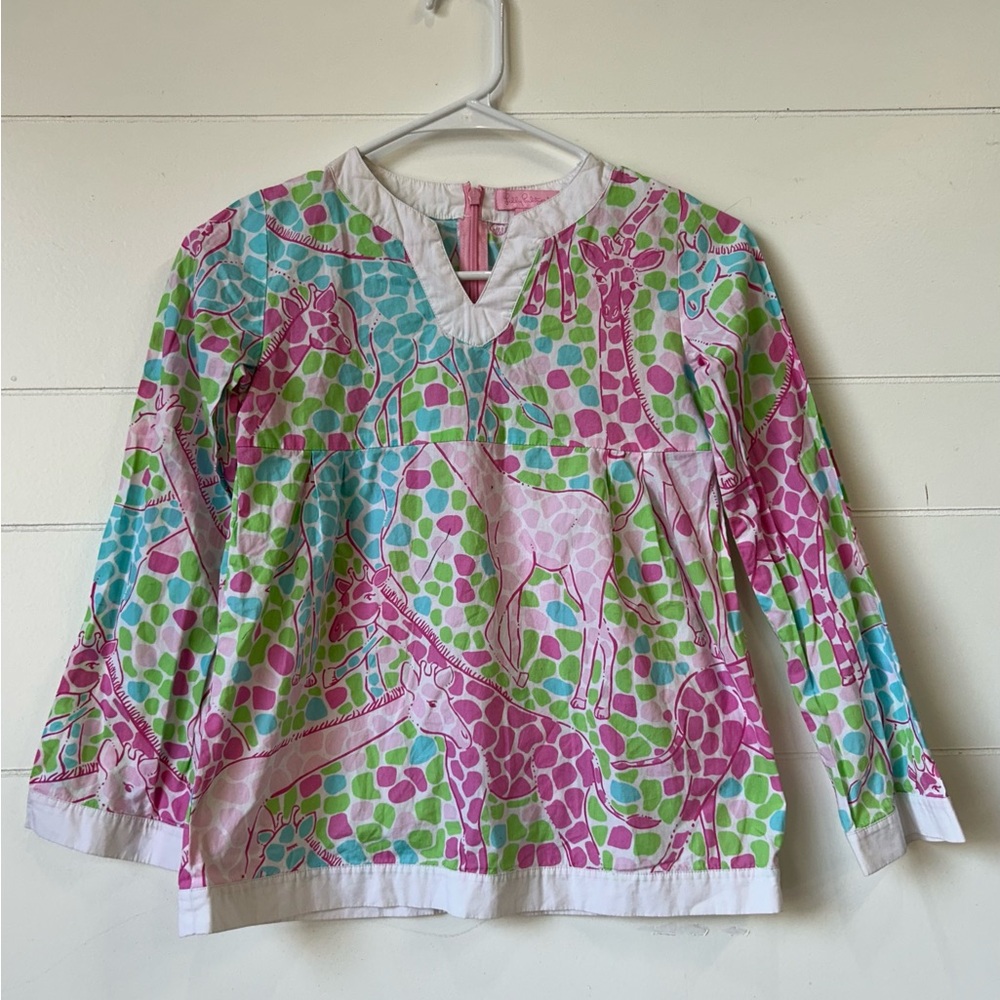 Lilly Pulitzer Girls Long Sleeve Shirt Sz 10 Giraffe Zoo Animal Print Tunic